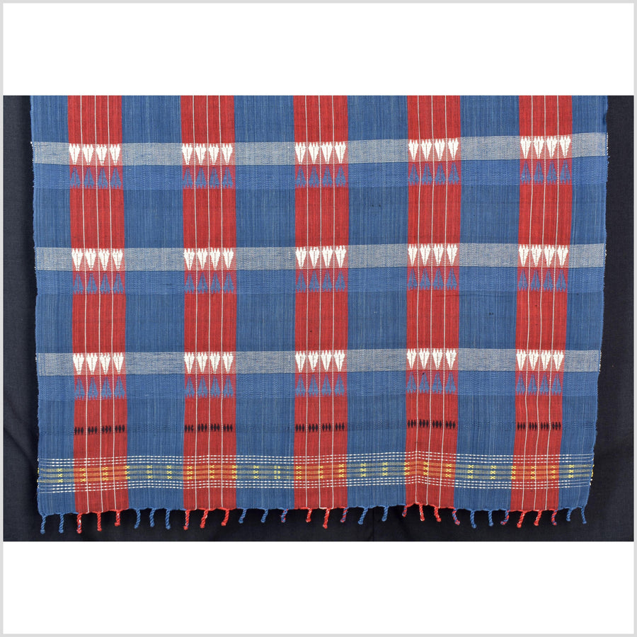 Handsome blue red white geometric Naga tribal textile, ethnic embroidered boho fabric Burma hill tribe tapestry Thailand India Hmong II125