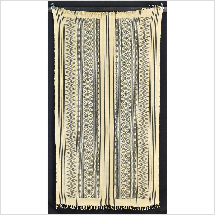 Beige black geometric Naga tribal textile, ethnic embroidered boho fabric Burma hill tribe tapestry Thailand India Hmong II129