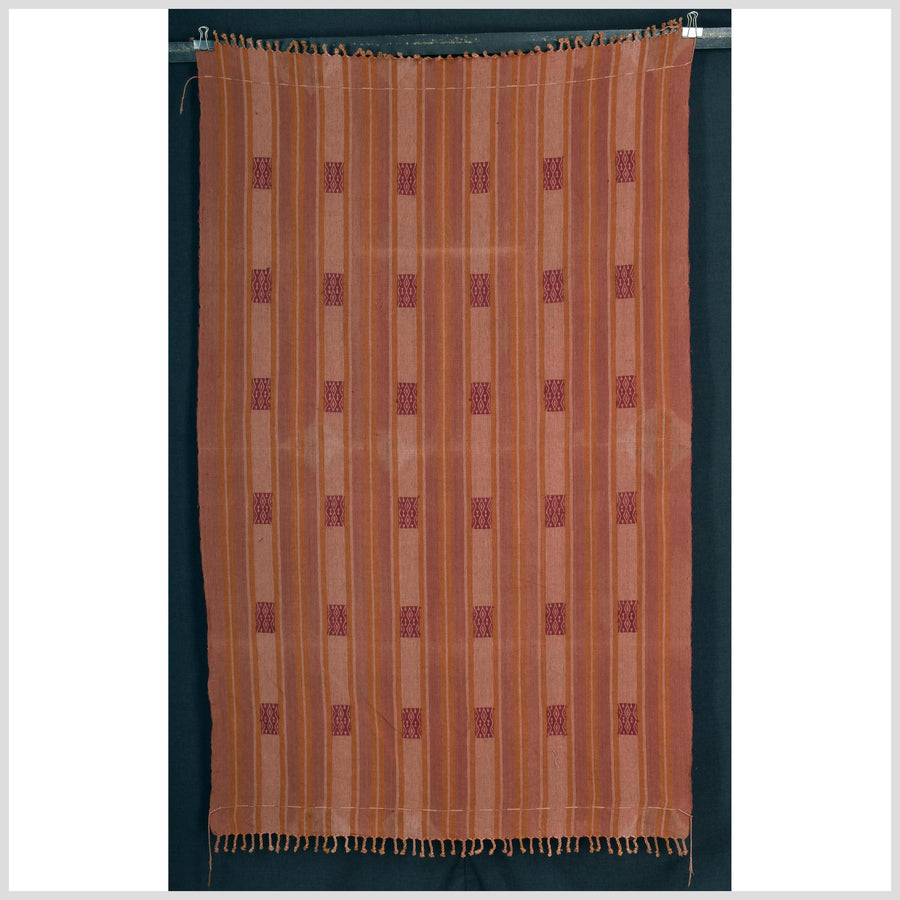 Vintage tribal home decor ethnic Naga blanket, geometric stripe, orange, red, handwoven cotton throw boho Thailand Burma India tapestry ii136