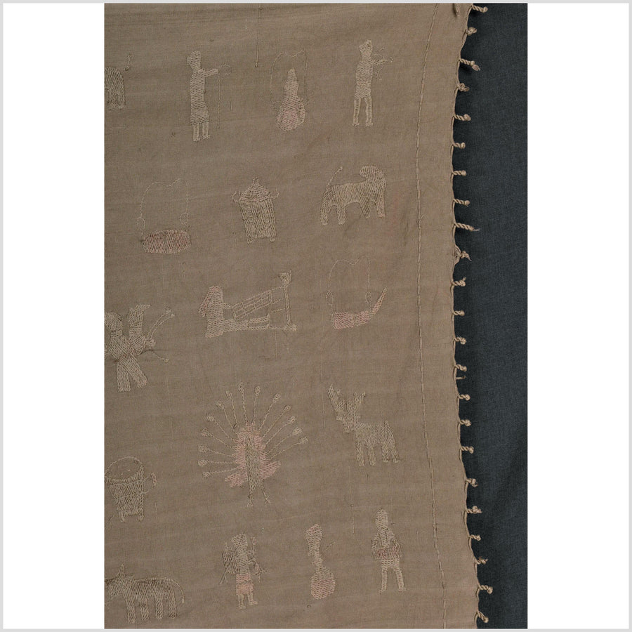 Beautiful, rich brown cotton story quilt Naga tribal textile ethnic embroidered boho fabric Burma hill tribe tapestry Thailand India Hmong II137