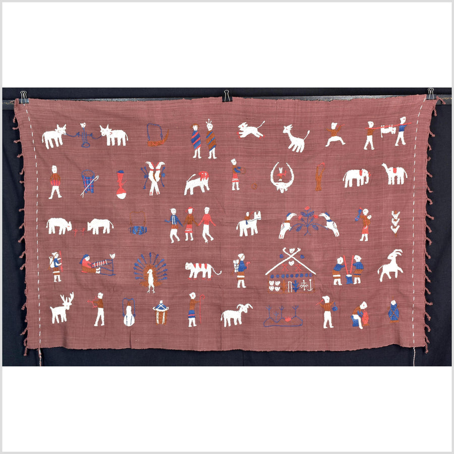 Plum brown cotton story quilt Naga tribal textile ethnic embroidered boho fabric Burma hill tribe tapestry Thailand India Hmong II139