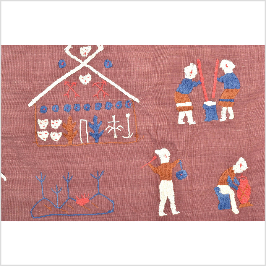Plum brown cotton story quilt Naga tribal textile ethnic embroidered boho fabric Burma hill tribe tapestry Thailand India Hmong II139