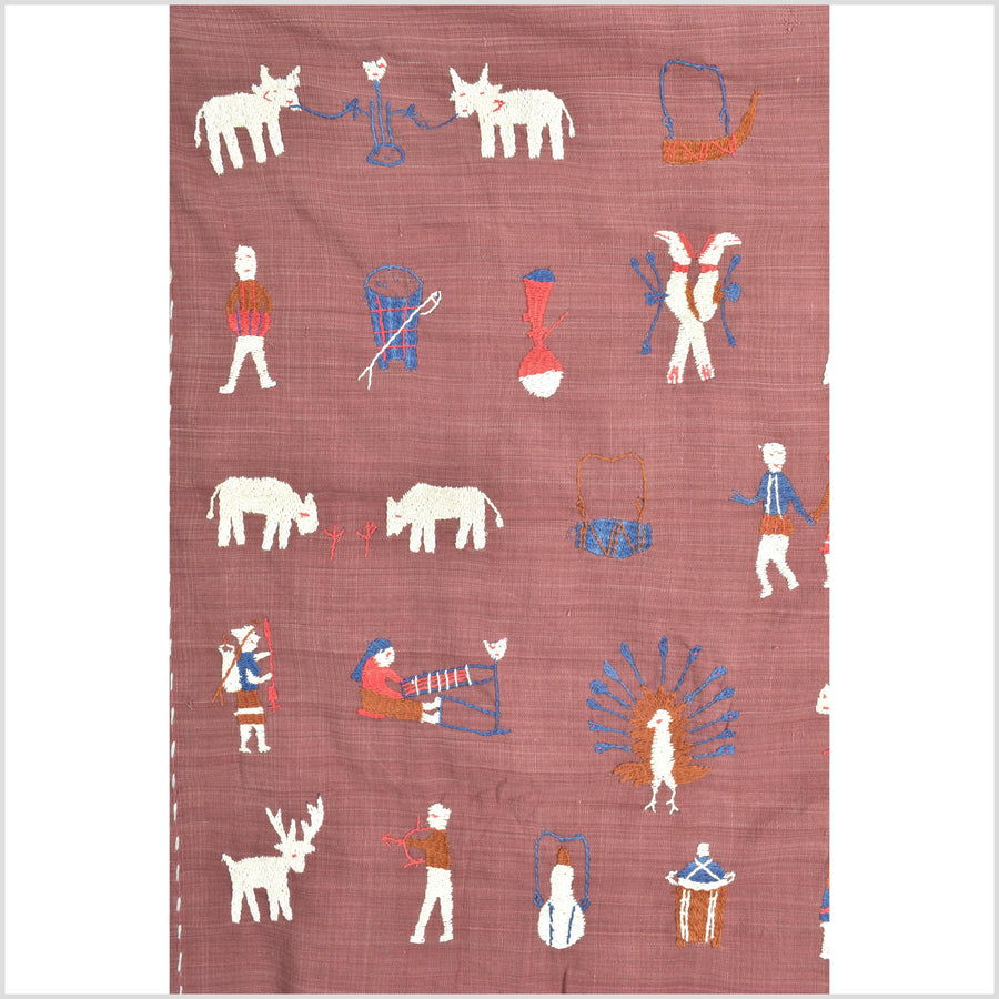 Plum brown cotton story quilt Naga tribal textile ethnic embroidered boho fabric Burma hill tribe tapestry Thailand India Hmong II139