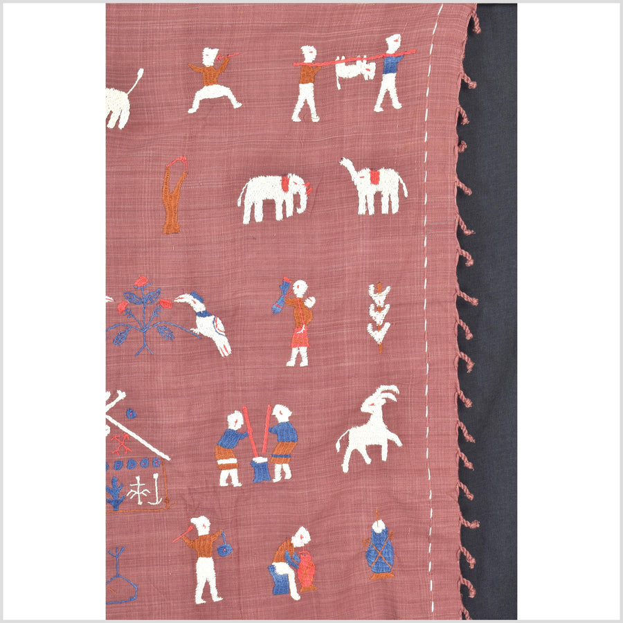 Plum brown cotton story quilt Naga tribal textile ethnic embroidered boho fabric Burma hill tribe tapestry Thailand India Hmong II139