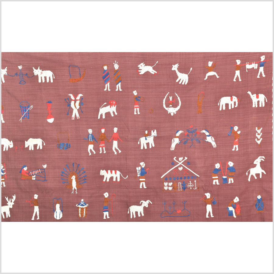 Plum brown cotton story quilt Naga tribal textile ethnic embroidered boho fabric Burma hill tribe tapestry Thailand India Hmong II139