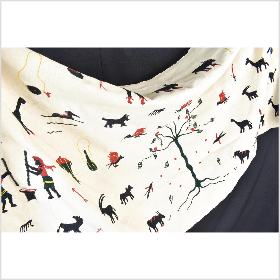 Off white cotton story quilt Naga tribal textile ethnic embroidered boho fabric Burma hill tribe tapestry Thailand India Hmong II13