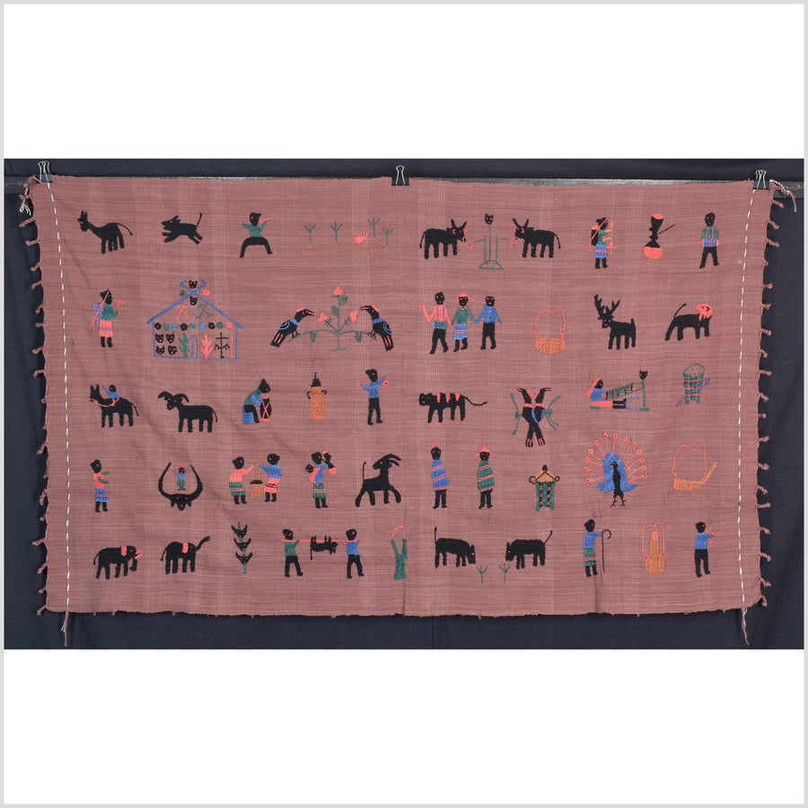 Plum brown cotton story quilt Naga tribal textile ethnic embroidered boho fabric Burma hill tribe tapestry Thailand India Hmong II140