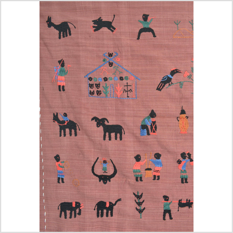 Plum brown cotton story quilt Naga tribal textile ethnic embroidered boho fabric Burma hill tribe tapestry Thailand India Hmong II140