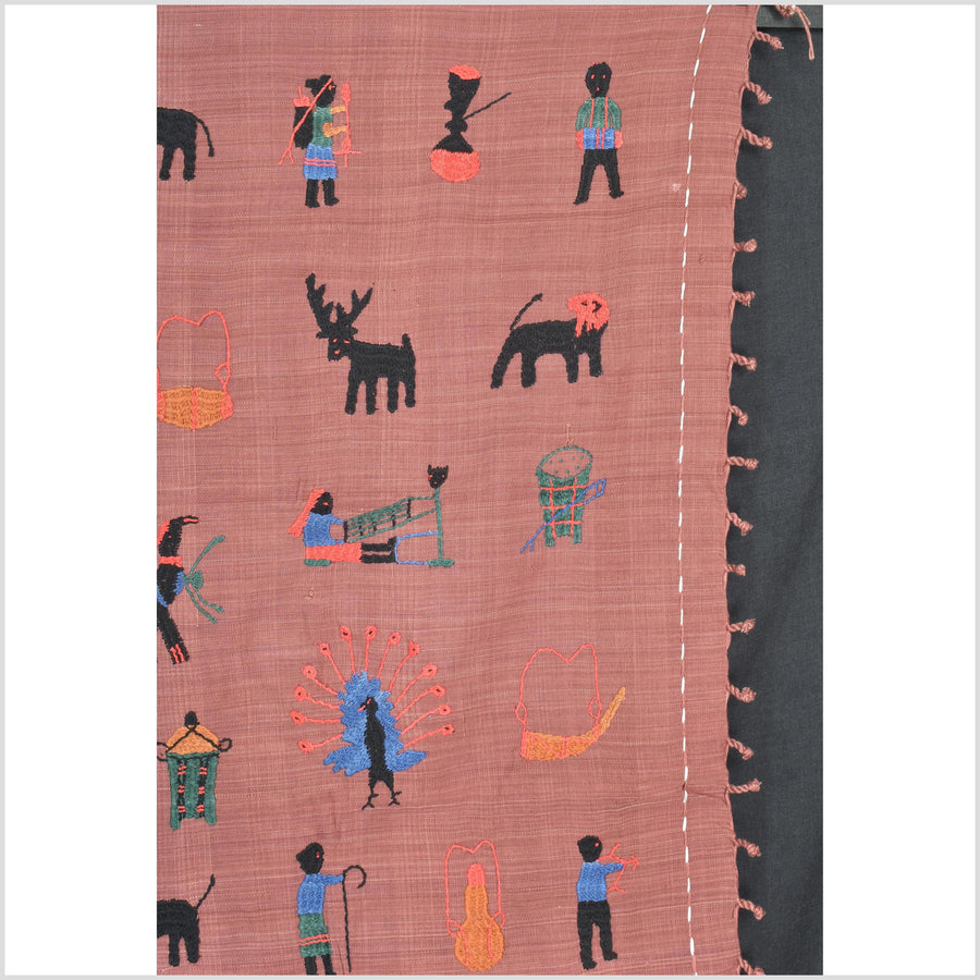 Plum brown cotton story quilt Naga tribal textile ethnic embroidered boho fabric Burma hill tribe tapestry Thailand India Hmong II140