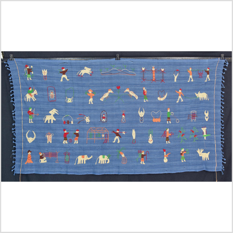 Cornflower blue cotton story quilt Naga tribal textile ethnic embroidered boho fabric Burma hill tribe tapestry Thailand India Hmong II141