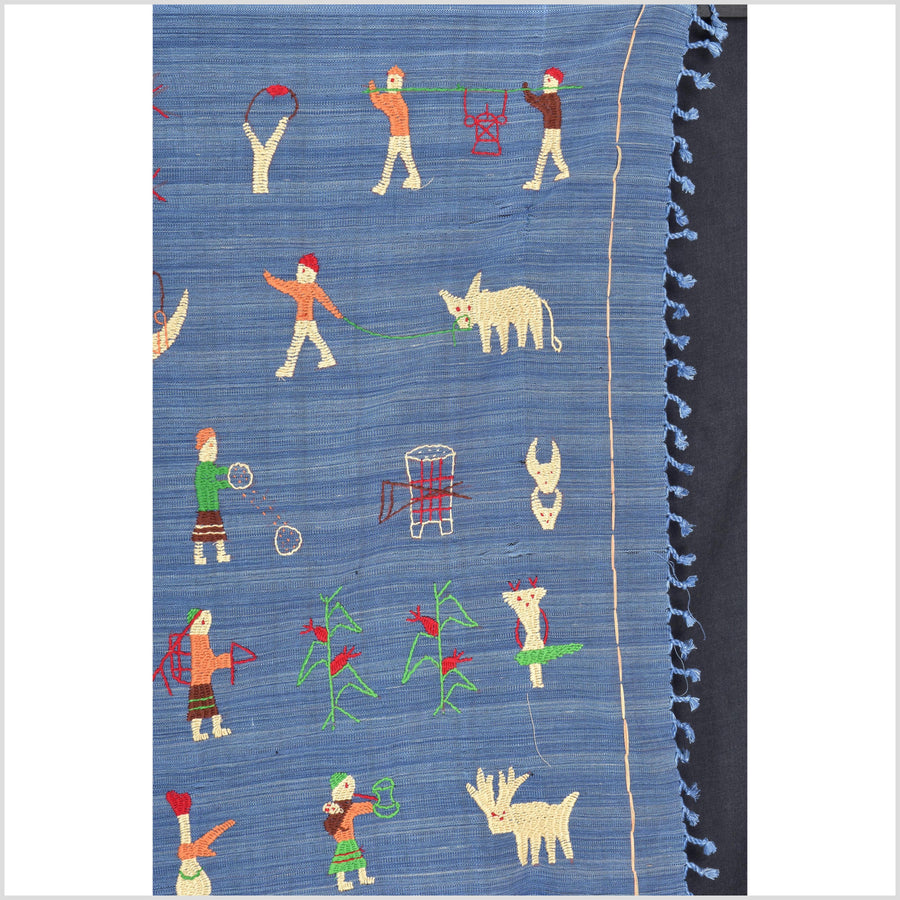 Cornflower blue cotton story quilt Naga tribal textile ethnic embroidered boho fabric Burma hill tribe tapestry Thailand India Hmong II141