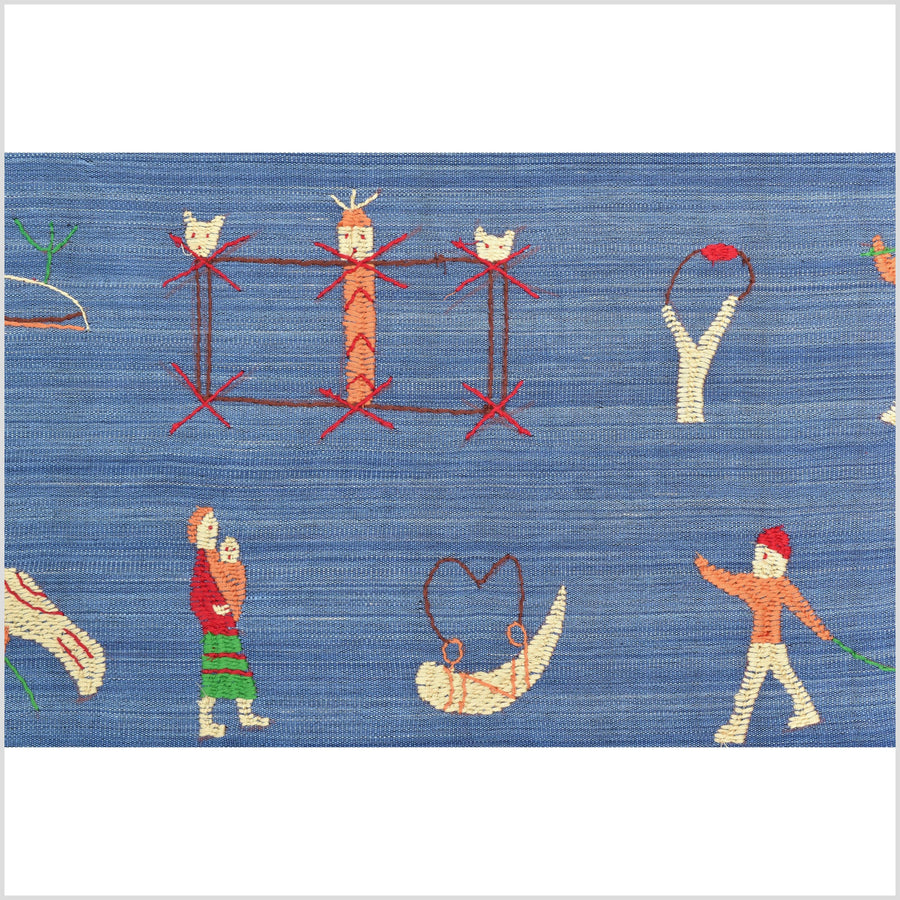 Cornflower blue cotton story quilt Naga tribal textile ethnic embroidered boho fabric Burma hill tribe tapestry Thailand India Hmong II141