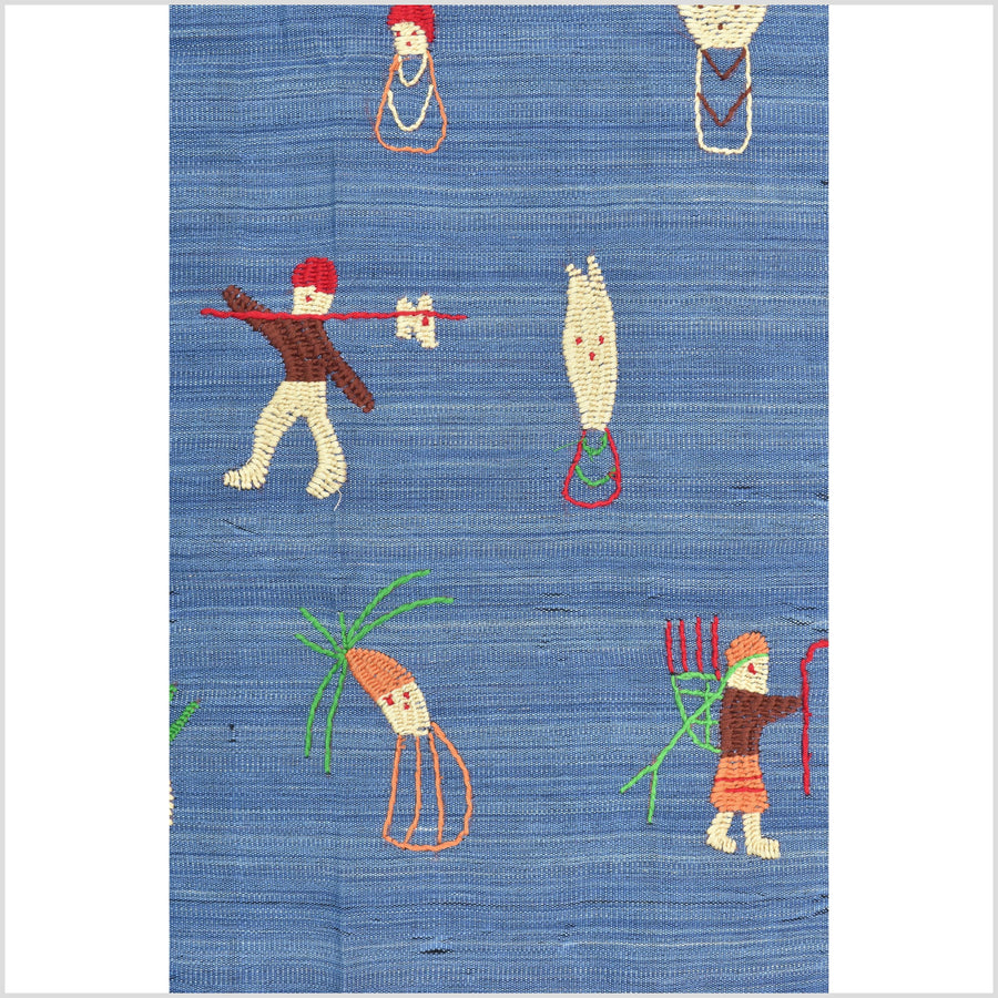 Cornflower blue cotton story quilt Naga tribal textile ethnic embroidered boho fabric Burma hill tribe tapestry Thailand India Hmong II141