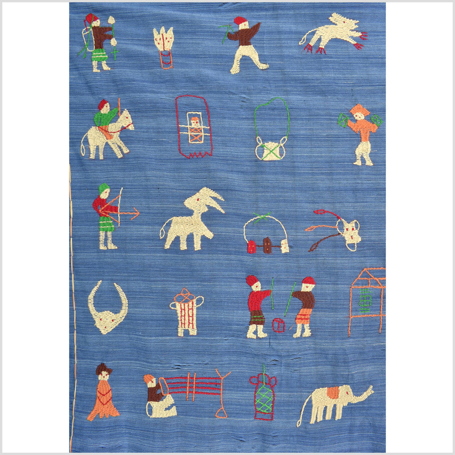 Cornflower blue cotton story quilt Naga tribal textile ethnic embroidered boho fabric Burma hill tribe tapestry Thailand India Hmong II141