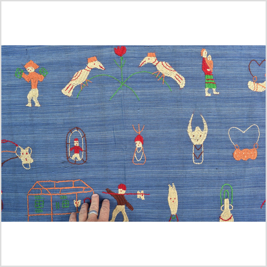 Cornflower blue cotton story quilt Naga tribal textile ethnic embroidered boho fabric Burma hill tribe tapestry Thailand India Hmong II141