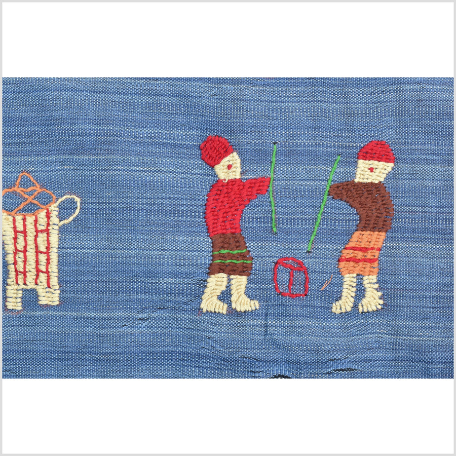 Cornflower blue cotton story quilt Naga tribal textile ethnic embroidered boho fabric Burma hill tribe tapestry Thailand India Hmong II141