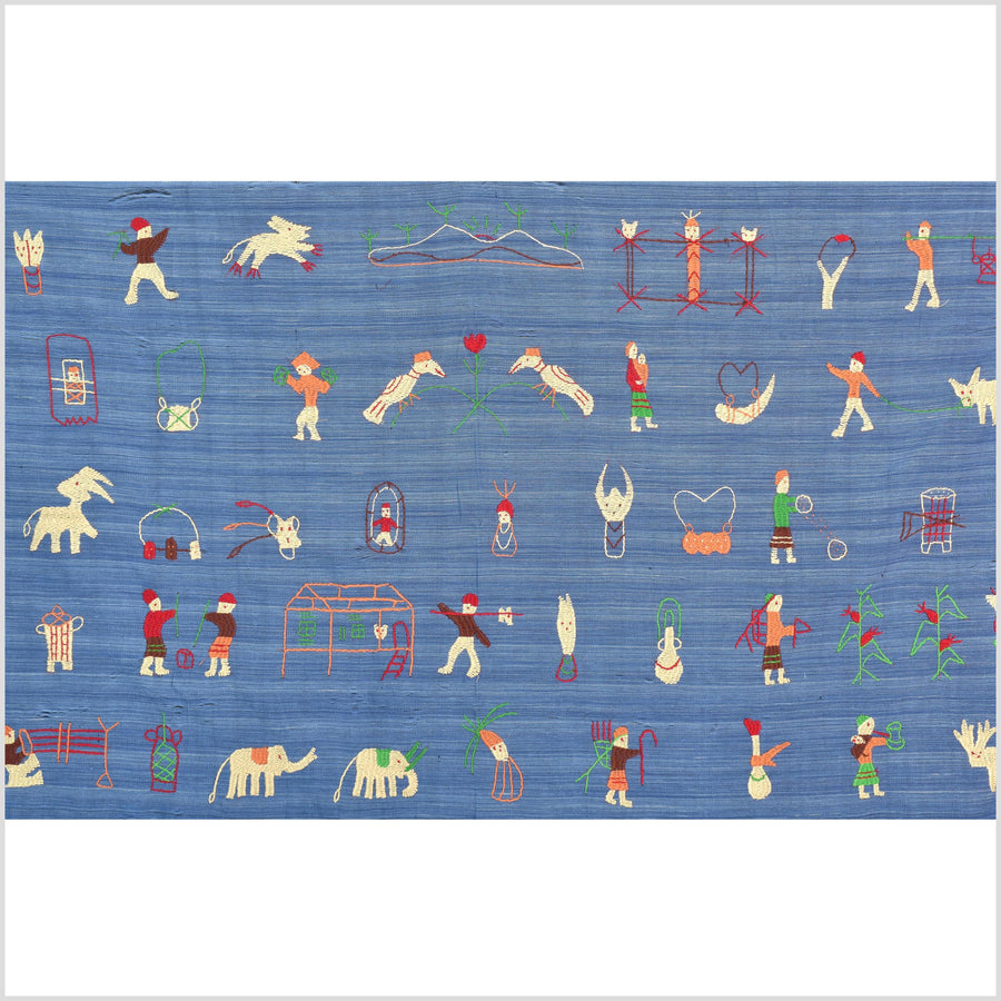 Cornflower blue cotton story quilt Naga tribal textile ethnic embroidered boho fabric Burma hill tribe tapestry Thailand India Hmong II141