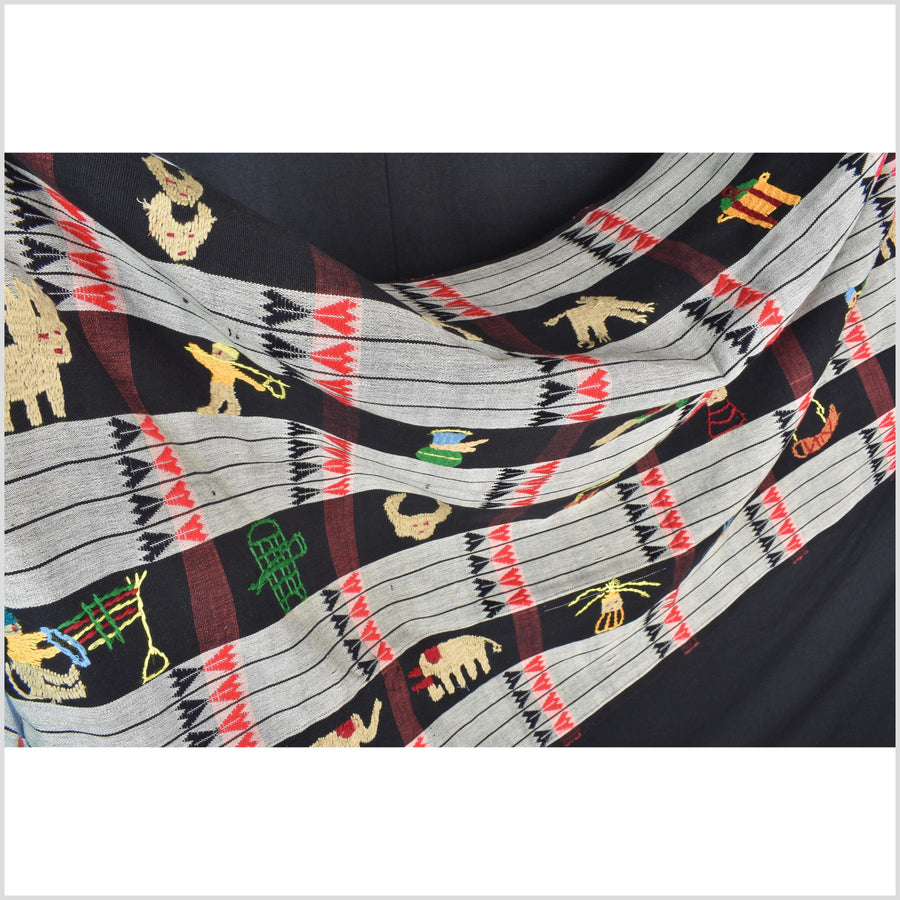 Unusual gray black grid style cotton story quilt Naga tribal textile ethnic embroidered boho fabric Burma hill tribe tapestry Thailand India Hmong II142