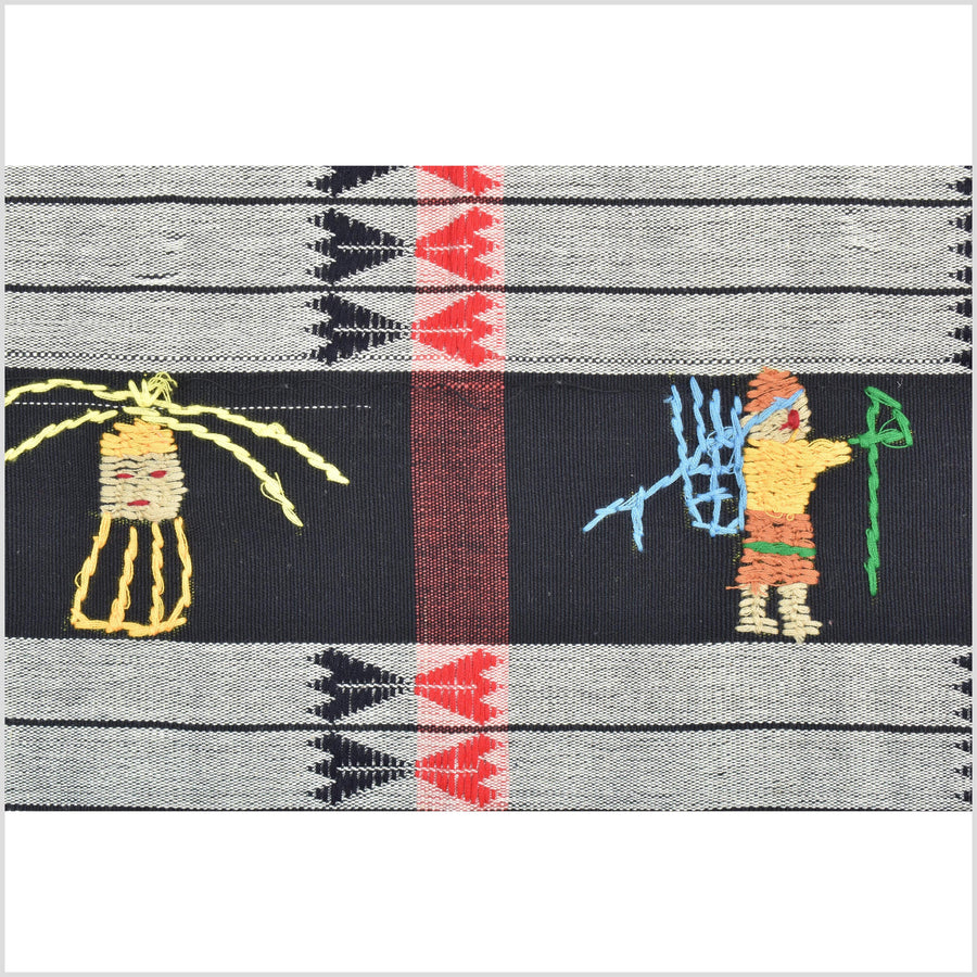 Unusual gray black grid style cotton story quilt Naga tribal textile ethnic embroidered boho fabric Burma hill tribe tapestry Thailand India Hmong II142