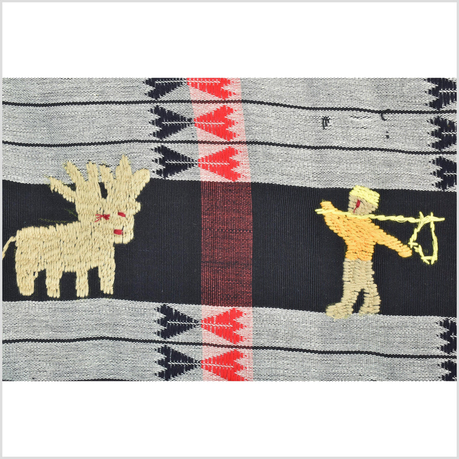 Unusual gray black grid style cotton story quilt Naga tribal textile ethnic embroidered boho fabric Burma hill tribe tapestry Thailand India Hmong II142