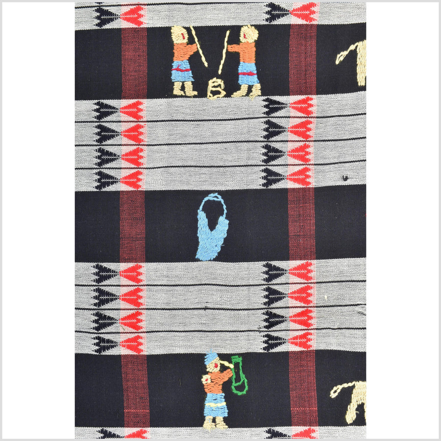 Unusual gray black grid style cotton story quilt Naga tribal textile ethnic embroidered boho fabric Burma hill tribe tapestry Thailand India Hmong II142