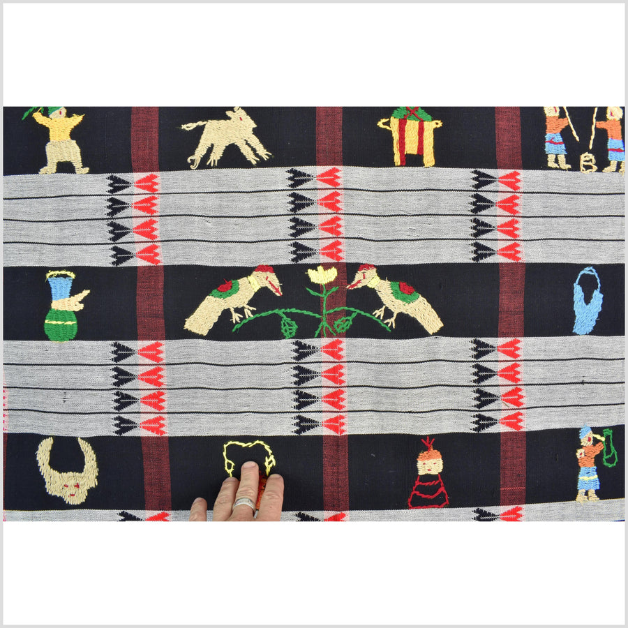 Unusual gray black grid style cotton story quilt Naga tribal textile ethnic embroidered boho fabric Burma hill tribe tapestry Thailand India Hmong II142