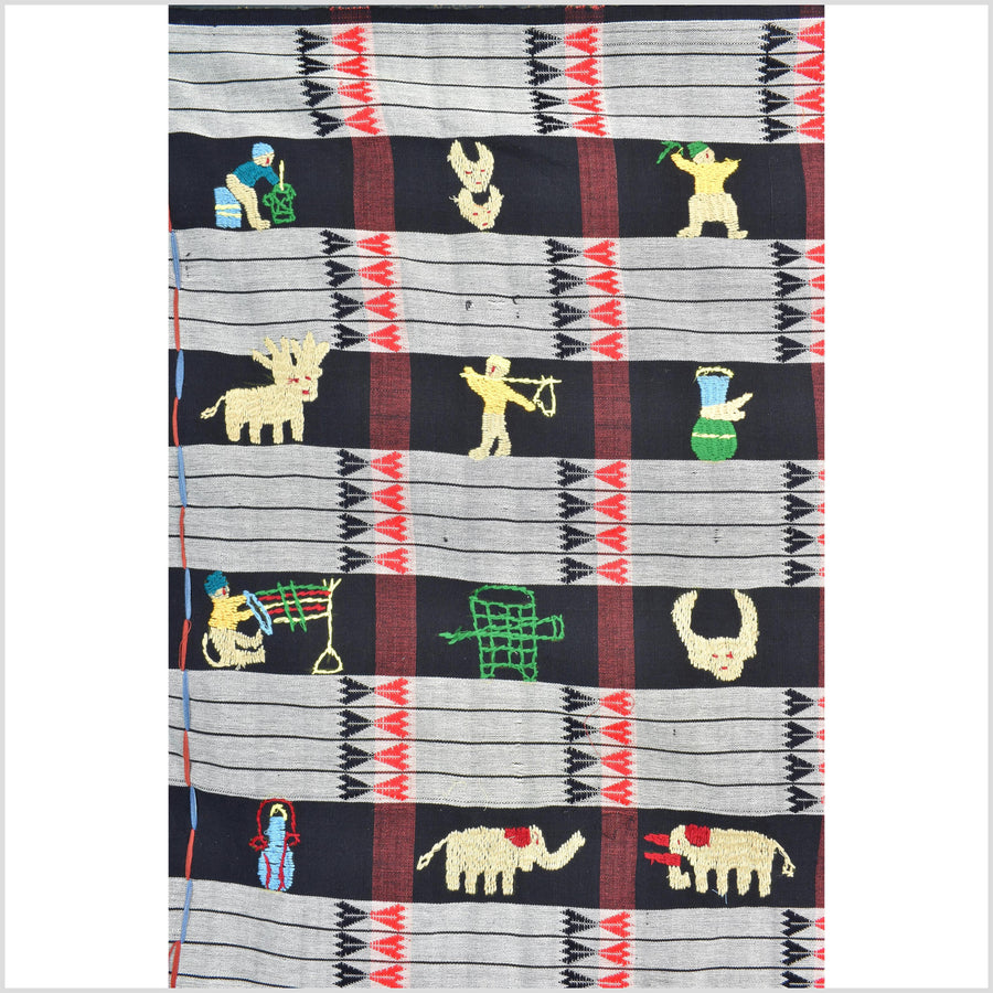 Unusual gray black grid style cotton story quilt Naga tribal textile ethnic embroidered boho fabric Burma hill tribe tapestry Thailand India Hmong II142