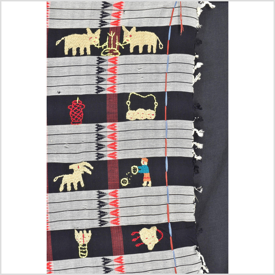 Unusual gray black grid style cotton story quilt Naga tribal textile ethnic embroidered boho fabric Burma hill tribe tapestry Thailand India Hmong II142