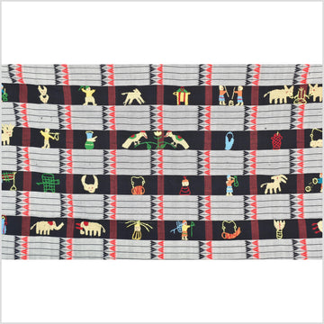 Unusual gray black grid style cotton story quilt Naga tribal textile ethnic embroidered boho fabric Burma hill tribe tapestry Thailand India Hmong II142