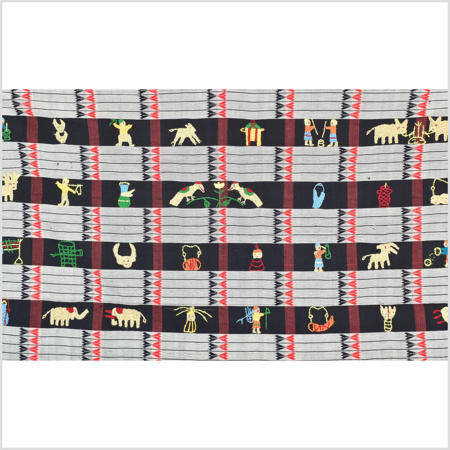 Unusual gray black grid style cotton story quilt Naga tribal textile ethnic embroidered boho fabric Burma hill tribe tapestry Thailand India Hmong II142