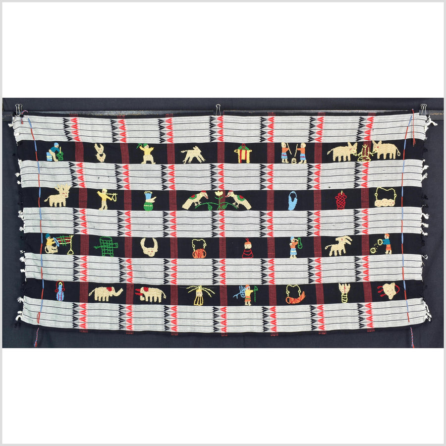 Unusual gray black grid style cotton story quilt Naga tribal textile ethnic embroidered boho fabric Burma hill tribe tapestry Thailand India Hmong II142