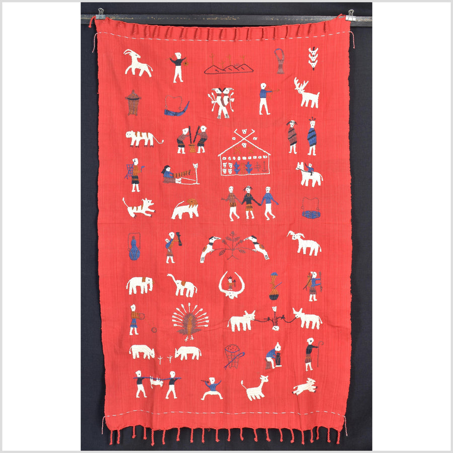 Vertical tomato red cotton story quilt Naga tribal textile ethnic embroidered boho fabric Burma hill tribe tapestry Thailand India Hmong II143