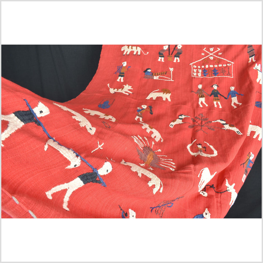 Vertical tomato red cotton story quilt Naga tribal textile ethnic embroidered boho fabric Burma hill tribe tapestry Thailand India Hmong II143