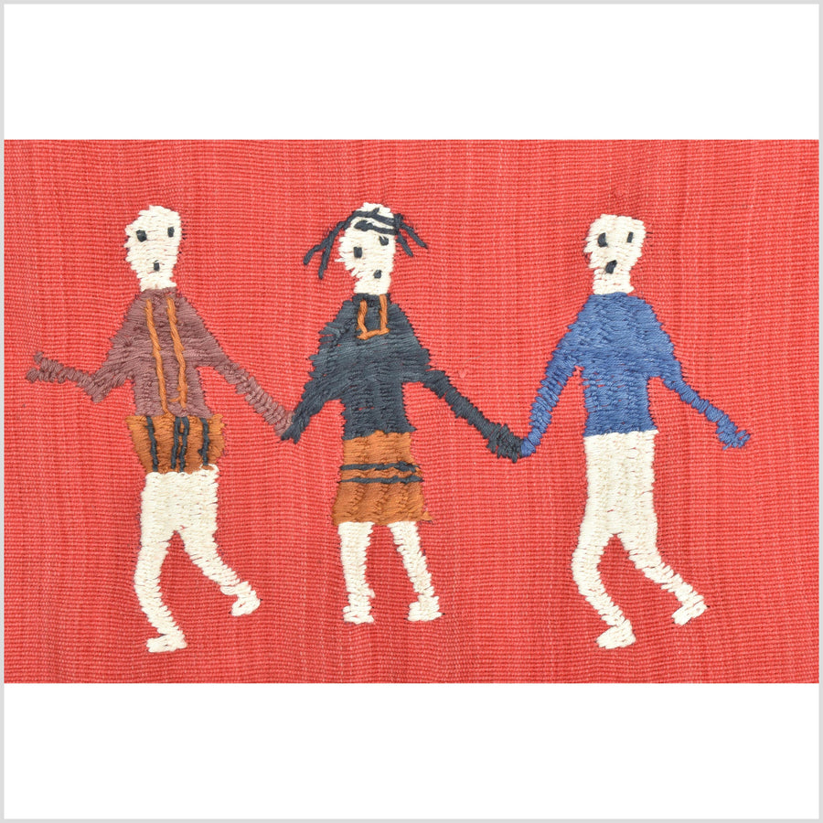 Vertical tomato red cotton story quilt Naga tribal textile ethnic embroidered boho fabric Burma hill tribe tapestry Thailand India Hmong II143