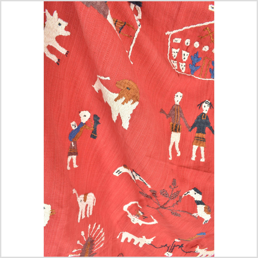 Vertical tomato red cotton story quilt Naga tribal textile ethnic embroidered boho fabric Burma hill tribe tapestry Thailand India Hmong II143