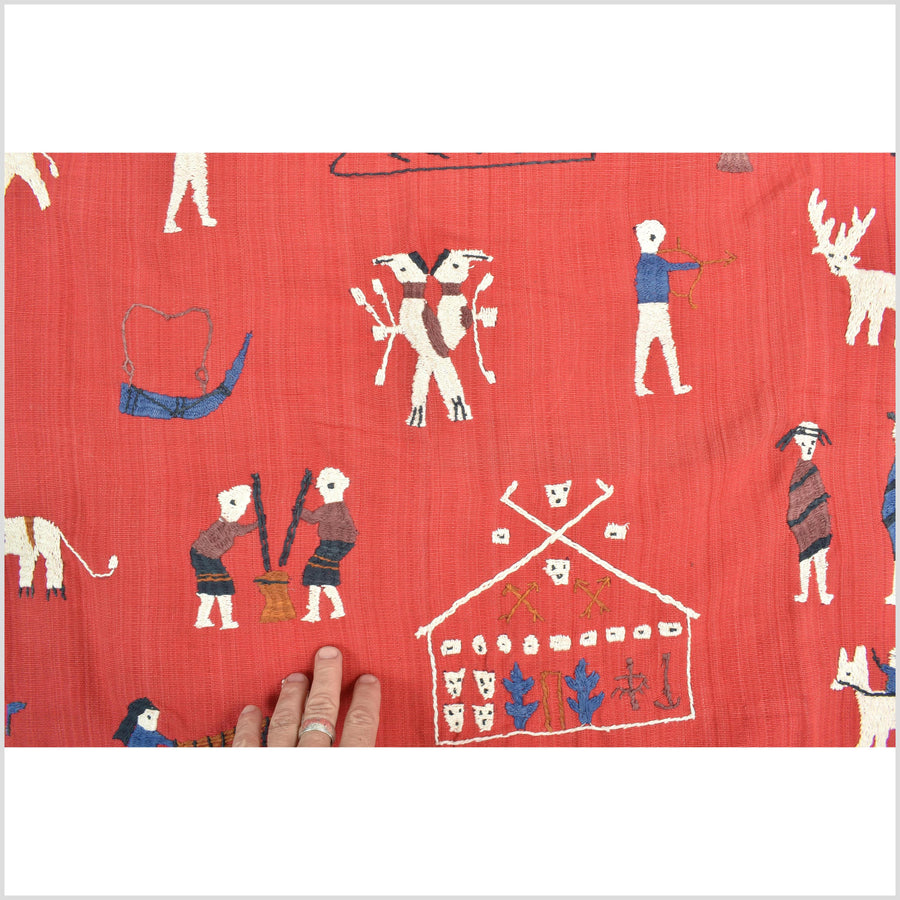 Vertical tomato red cotton story quilt Naga tribal textile ethnic embroidered boho fabric Burma hill tribe tapestry Thailand India Hmong II143