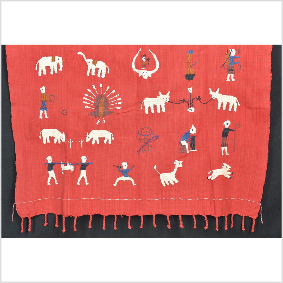 Vertical tomato red cotton story quilt Naga tribal textile ethnic embroidered boho fabric Burma hill tribe tapestry Thailand India Hmong II143
