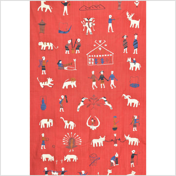 Vertical tomato red cotton story quilt Naga tribal textile ethnic embroidered boho fabric Burma hill tribe tapestry Thailand India Hmong II143