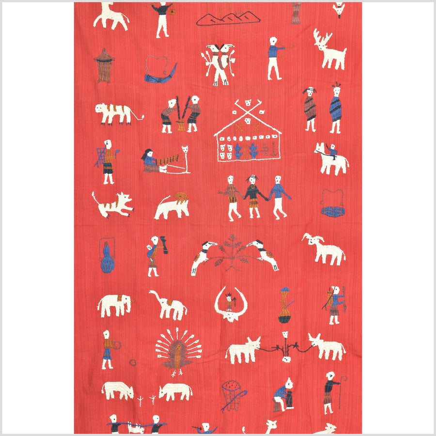 Vertical tomato red cotton story quilt Naga tribal textile ethnic embroidered boho fabric Burma hill tribe tapestry Thailand India Hmong II143