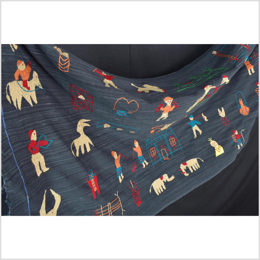 Dark indigo blue cotton story quilt Naga tribal textile ethnic embroidered boho fabric Burma hill tribe tapestry Thailand India Hmong II145