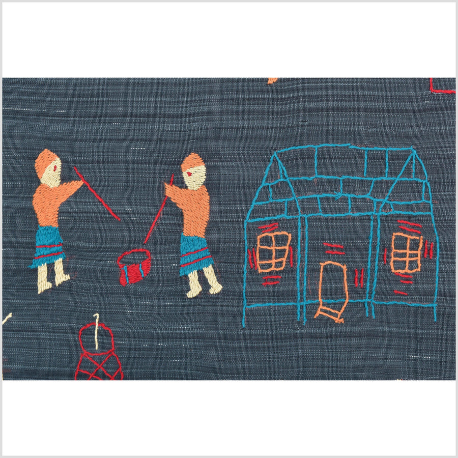 Dark indigo blue cotton story quilt Naga tribal textile ethnic embroidered boho fabric Burma hill tribe tapestry Thailand India Hmong II145