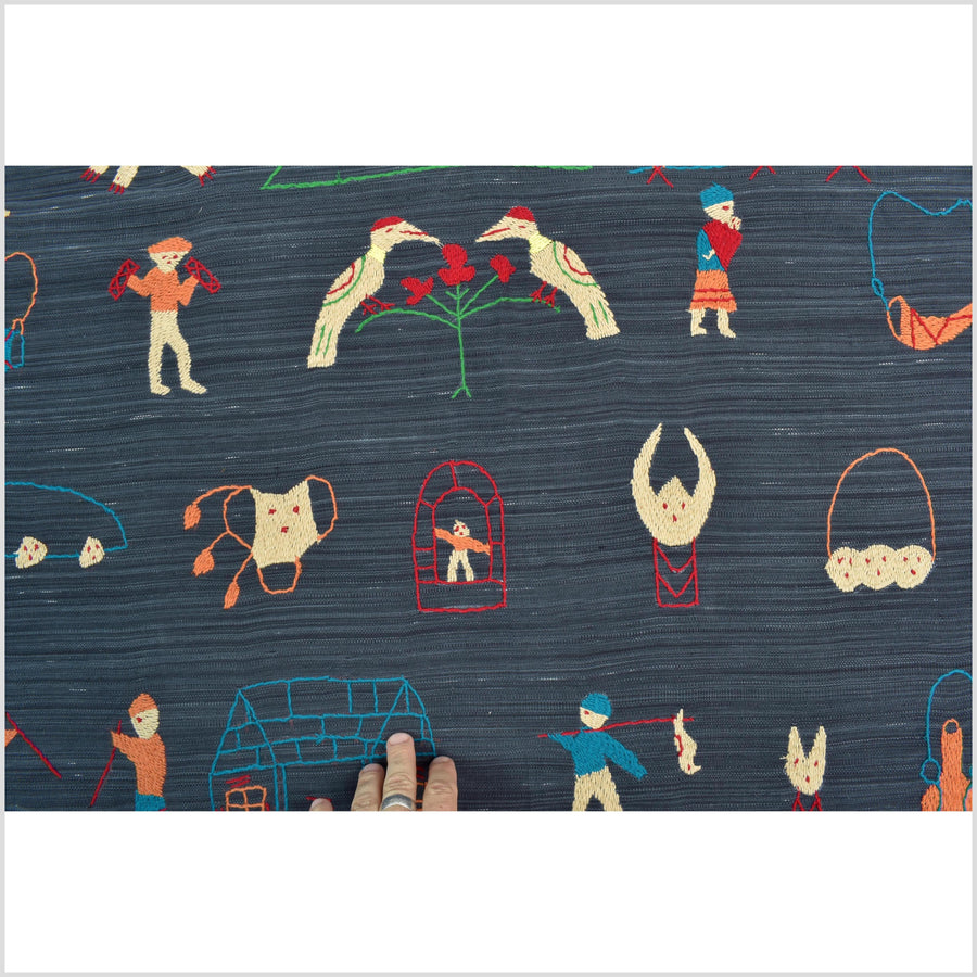 Dark indigo blue cotton story quilt Naga tribal textile ethnic embroidered boho fabric Burma hill tribe tapestry Thailand India Hmong II145