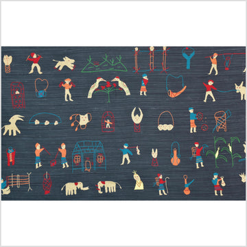 Dark indigo blue cotton story quilt Naga tribal textile ethnic embroidered boho fabric Burma hill tribe tapestry Thailand India Hmong II145