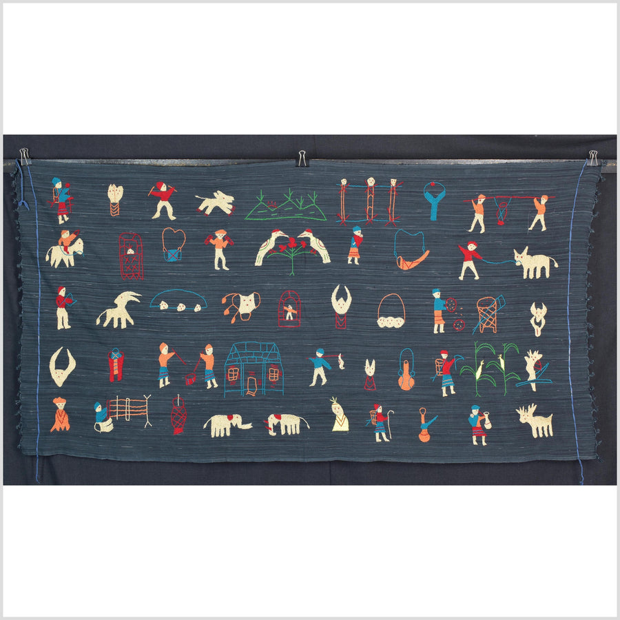 Dark indigo blue cotton story quilt Naga tribal textile ethnic embroidered boho fabric Burma hill tribe tapestry Thailand India Hmong II145