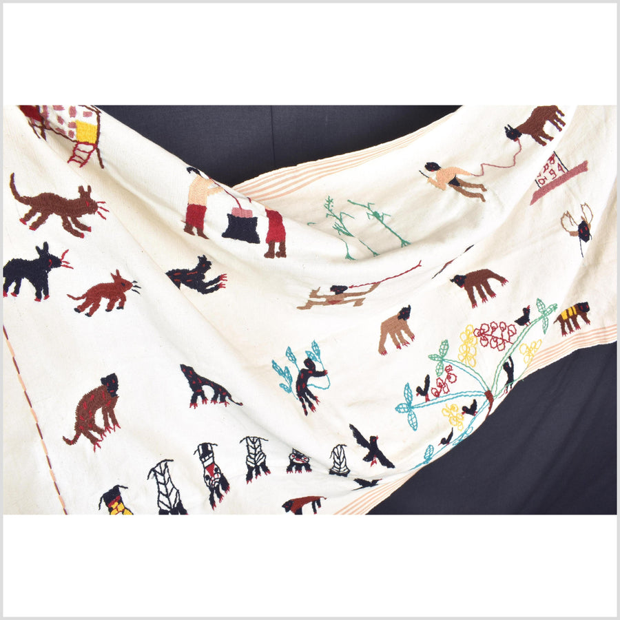 Caramel & off-white cotton story quilt Naga tribal textile ethnic embroidered boho fabric Burma hill tribe tapestry Thai India ii146