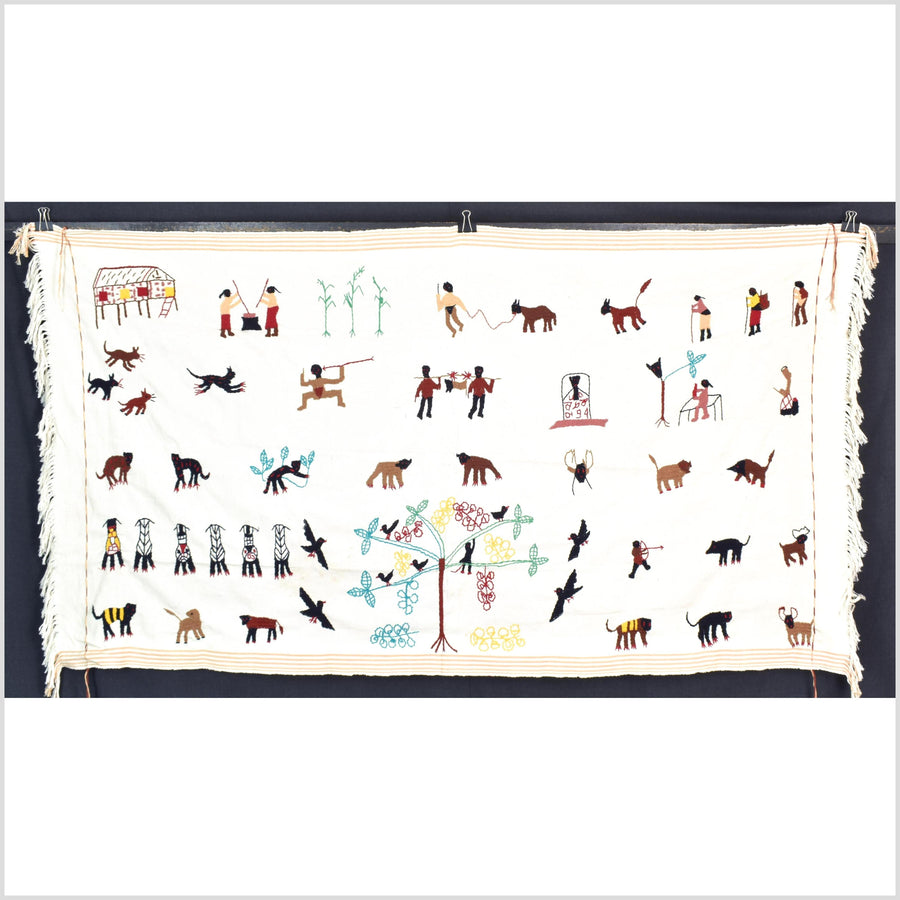 Caramel & off-white cotton story quilt Naga tribal textile ethnic embroidered boho fabric Burma hill tribe tapestry Thai India ii146