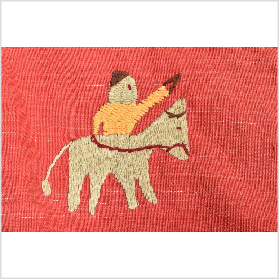 Tomato red cotton story quilt Naga tribal textile ethnic embroidered boho fabric Burma hill tribe tapestry Thailand India Hmong II147