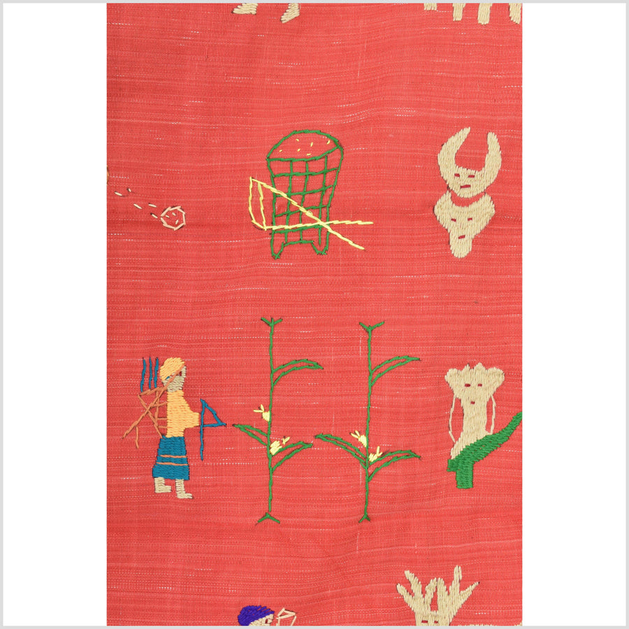 Tomato red cotton story quilt Naga tribal textile ethnic embroidered boho fabric Burma hill tribe tapestry Thailand India Hmong II147