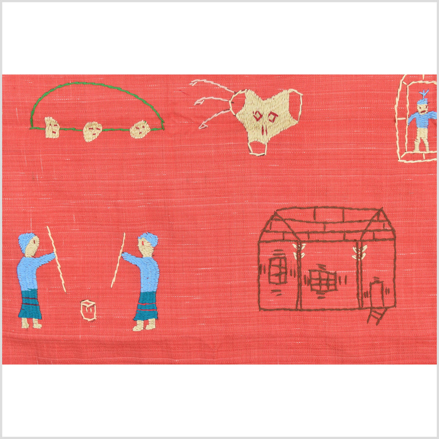 Tomato red cotton story quilt Naga tribal textile ethnic embroidered boho fabric Burma hill tribe tapestry Thailand India Hmong II147