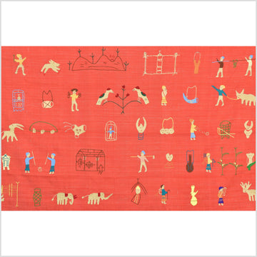Tomato red cotton story quilt Naga tribal textile ethnic embroidered boho fabric Burma hill tribe tapestry Thailand India Hmong II147